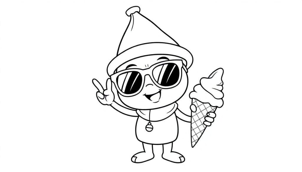 Disegno in bianco e nero di un personaggio dei cartoni animati felice con cappello a punta, occhiali da sole, cono gelato e segno della pace.