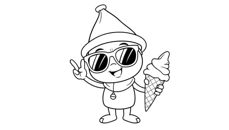 Disegno in bianco e nero di un personaggio dei cartoni animati felice con cappello a punta, occhiali da sole, cono gelato e segno della pace.