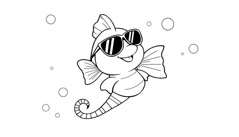 Disegno stilizzato in bianco e nero di un pesce cavalluccio marino sorridente con occhiali da sole e bolle d'aria, pronto per essere colorato.