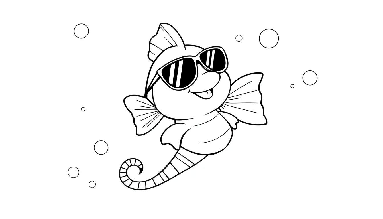 Disegno stilizzato in bianco e nero di un pesce cavalluccio marino sorridente con occhiali da sole e bolle d'aria, pronto per essere colorato.