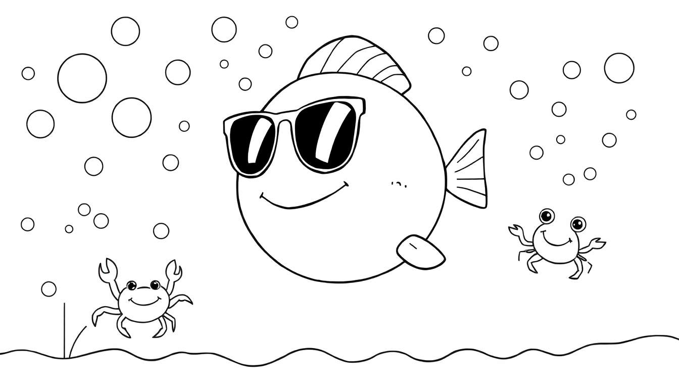 Disegno per bambini di un pesce sorridente con occhiali da sole in un acquario, con due granchietti e bolle d'aria.