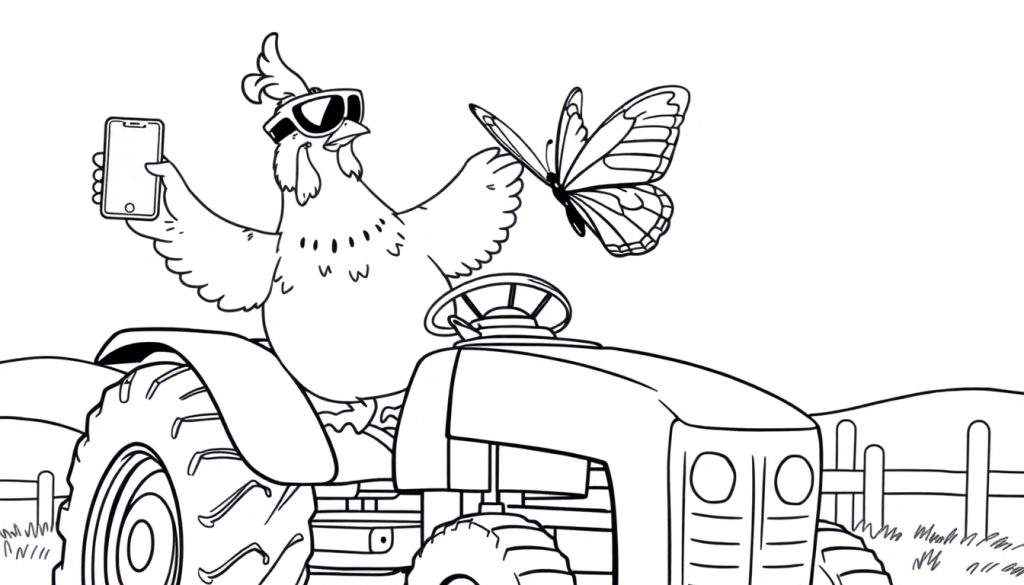 Disegno in bianco e nero di un pollo con occhiali da sole che tiene un telefono cellulare, seduto su un trattore con una farfalla che vola vicino.