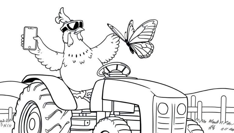 Disegno in bianco e nero di un pollo con occhiali da sole che tiene un telefono cellulare, seduto su un trattore con una farfalla che vola vicino.
