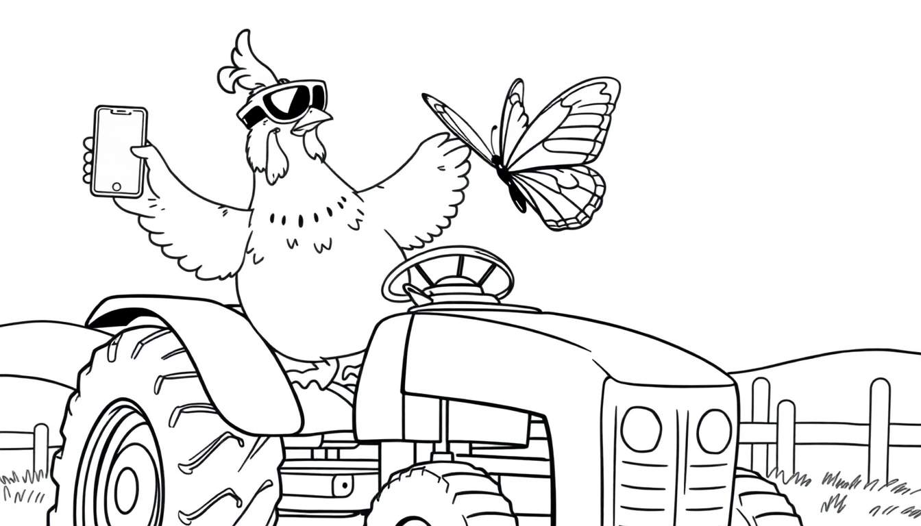Disegno in bianco e nero di un pollo con occhiali da sole che tiene un telefono cellulare, seduto su un trattore con una farfalla che vola vicino.