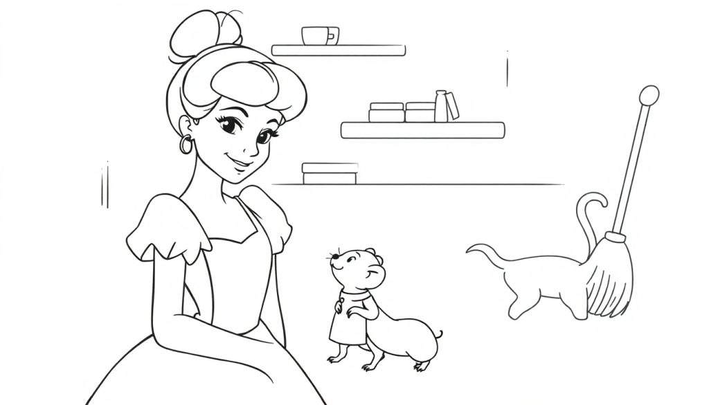 Disegno da colorare in bianco e nero di una principessa, un topolino e un animale con una scopa, con mensole sullo sfondo.