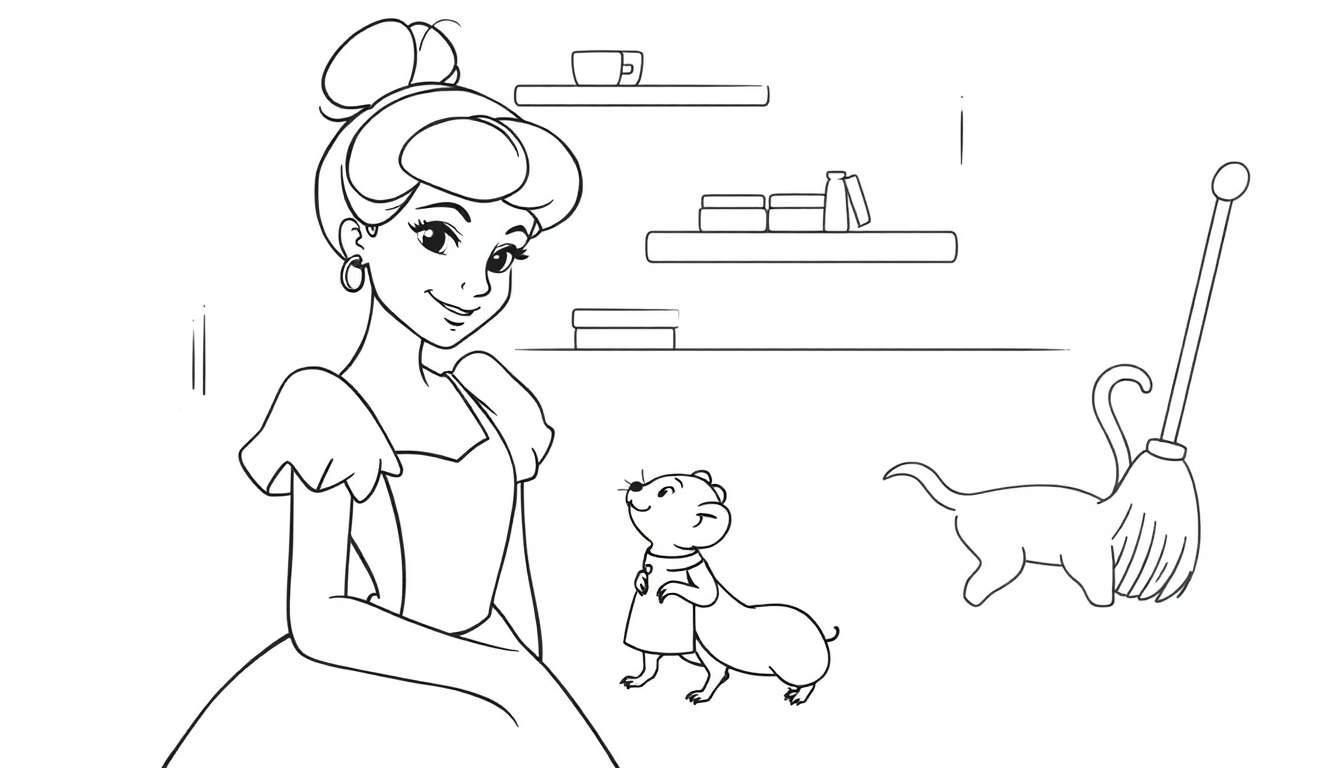 Disegno da colorare in bianco e nero di una principessa, un topolino e un animale con una scopa, con mensole sullo sfondo.