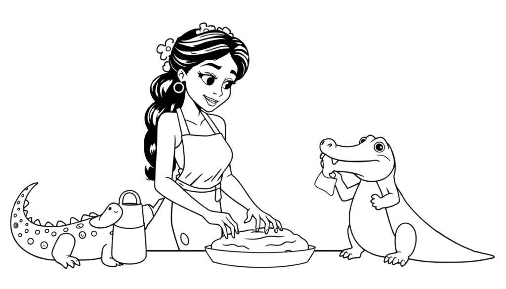Disegno da colorare di una giovane donna con fiori nei capelli, che impasta in una ciotola, con un grande coccodrillo amichevole alla sua destra e un piccolo coccodrillo maculato alla sua sinistra vicino a una brocca.