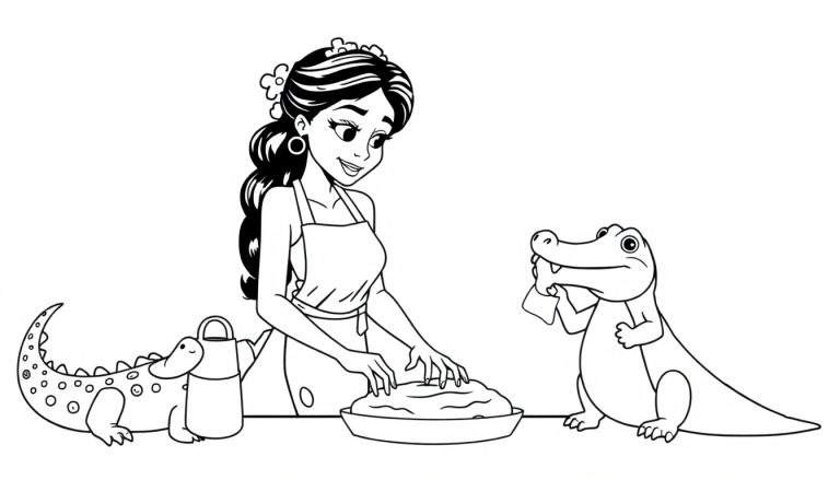 Disegno da colorare di una giovane donna con fiori nei capelli, che impasta in una ciotola, con un grande coccodrillo amichevole alla sua destra e un piccolo coccodrillo maculato alla sua sinistra vicino a una brocca.