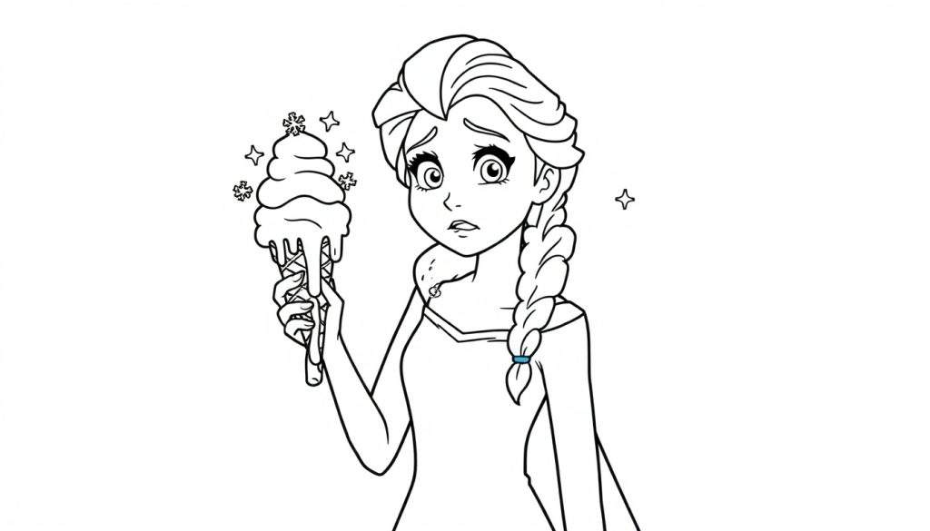 Disegno al tratto di una ragazza con treccia che guarda con sorpresa un cono gelato che si scioglie, decorato con fiocchi di neve e circondato da stelle.