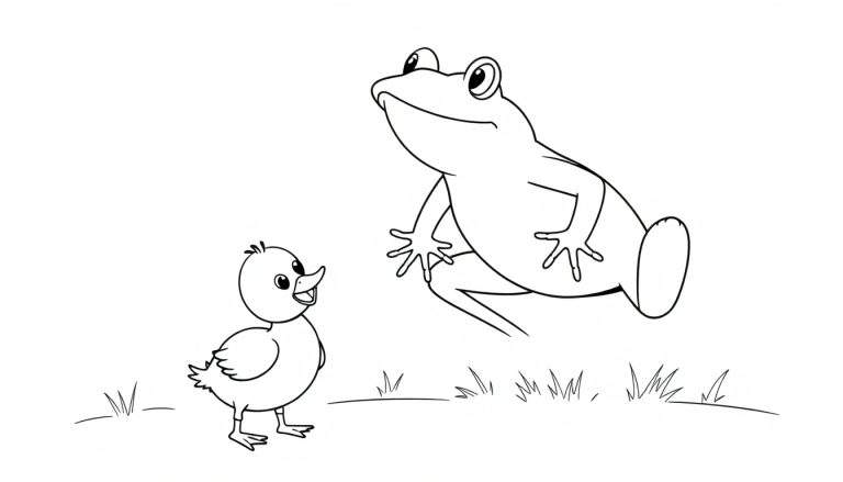 Disegno da colorare in bianco e nero di una grande rana accovacciata che guarda un piccolo anatroccolo in piedi con il becco aperto, su un prato semplice.