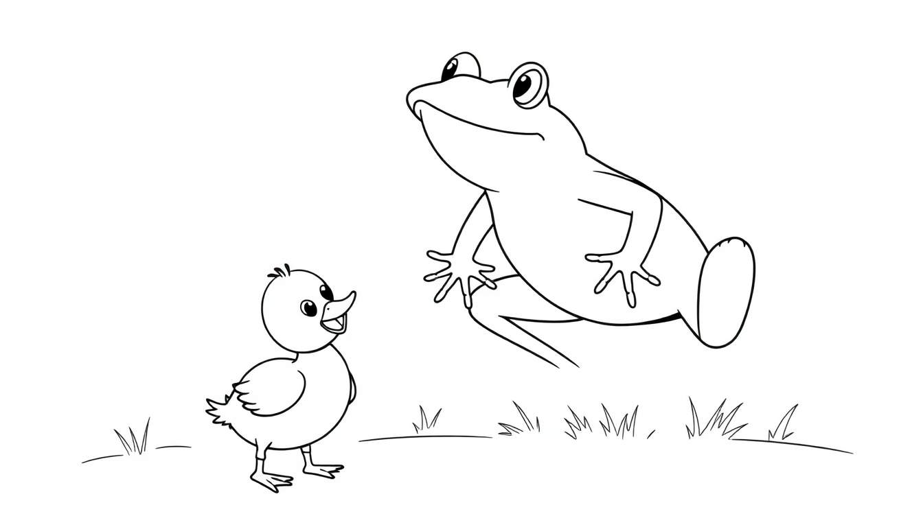 Disegno da colorare in bianco e nero di una grande rana accovacciata che guarda un piccolo anatroccolo in piedi con il becco aperto, su un prato semplice.
