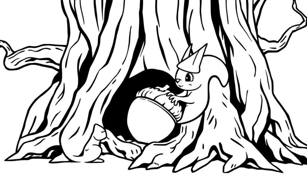 Disegno da colorare in stile fumetto di due scoiattoli con una ghianda vicino a un albero con un buco.