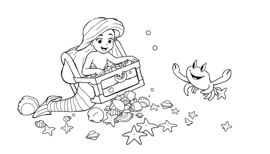 Disegno da colorare di una sirena felice con lunghi capelli, seduta sul fondo del mare, che apre un forziere del tesoro. Conchiglie, stelle marine e bolle d'aria la circondano, con un granchio sorridente a destra.