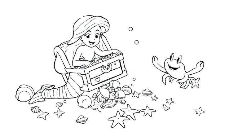 Disegno da colorare di una sirena felice con lunghi capelli, seduta sul fondo del mare, che apre un forziere del tesoro. Conchiglie, stelle marine e bolle d'aria la circondano, con un granchio sorridente a destra.