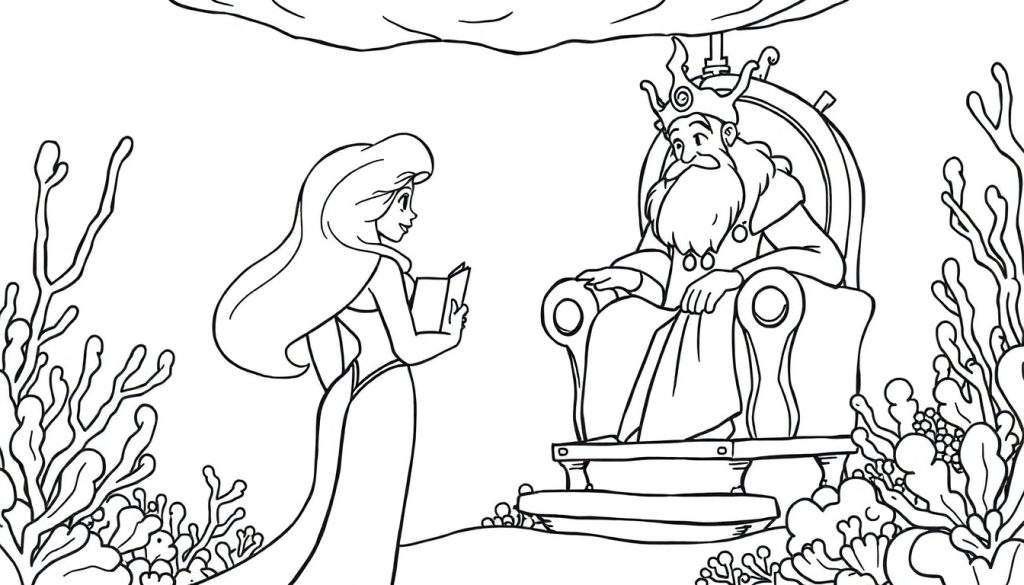 Disegno da colorare di una sirena dai capelli castani e coda verde che parla con un re barbuto con corona e abito dorato, su un trono, in un ambiente sottomarino con coralli e alghe.