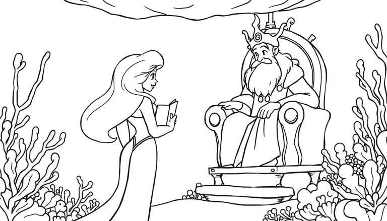 Disegno da colorare di una sirena dai capelli castani e coda verde che parla con un re barbuto con corona e abito dorato, su un trono, in un ambiente sottomarino con coralli e alghe.