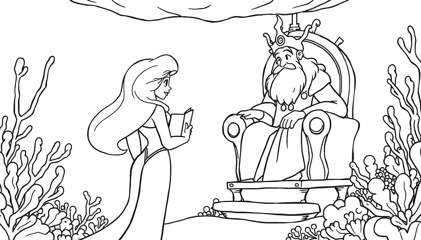 Disegno da colorare di una sirena dai capelli castani e coda verde che parla con un re barbuto con corona e abito dorato, su un trono, in un ambiente sottomarino con coralli e alghe.