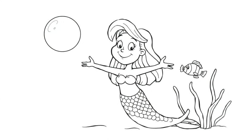 Disegno da colorare di una sirenetta che saluta con le braccia aperte, una bolla di sapone sopra e un piccolo pesce tra le alghe marine.