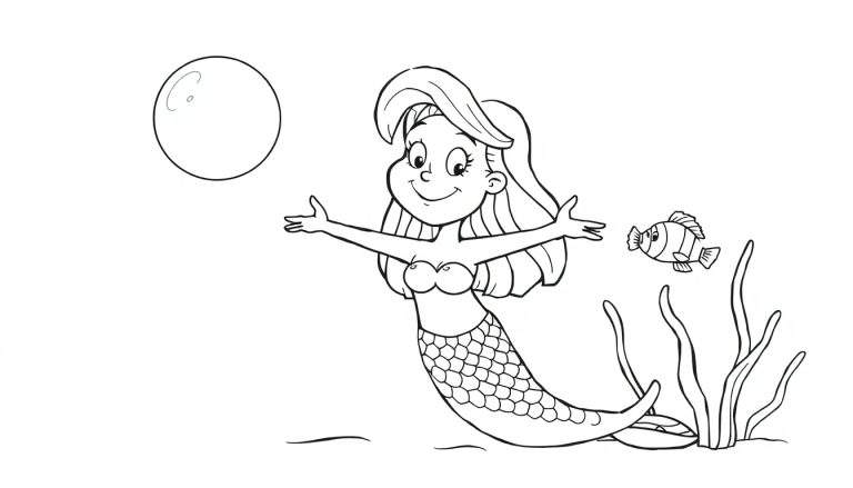 Disegno da colorare di una sirenetta che saluta con le braccia aperte, una bolla di sapone sopra e un piccolo pesce tra le alghe marine.