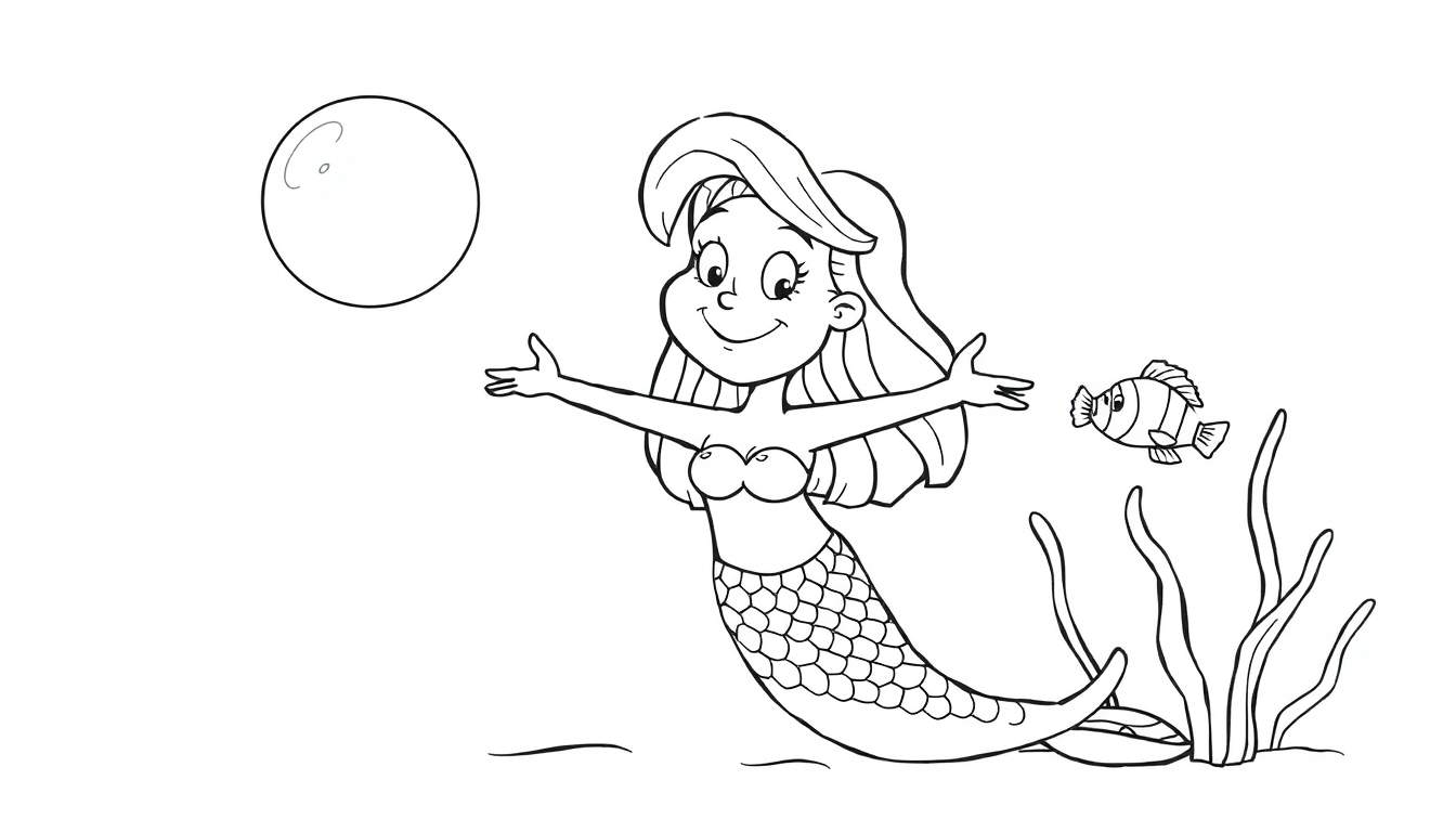 Disegno da colorare di una sirenetta che saluta con le braccia aperte, una bolla di sapone sopra e un piccolo pesce tra le alghe marine.