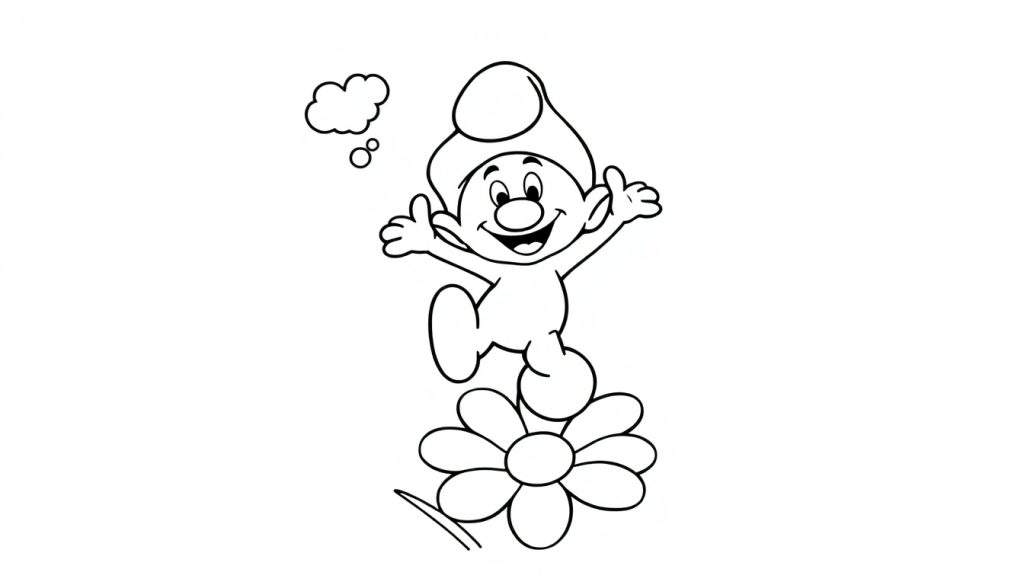 Disegno da colorare di uno Smurf che salta felicemente su un fiore, con nuvole di pensiero sopra la testa.