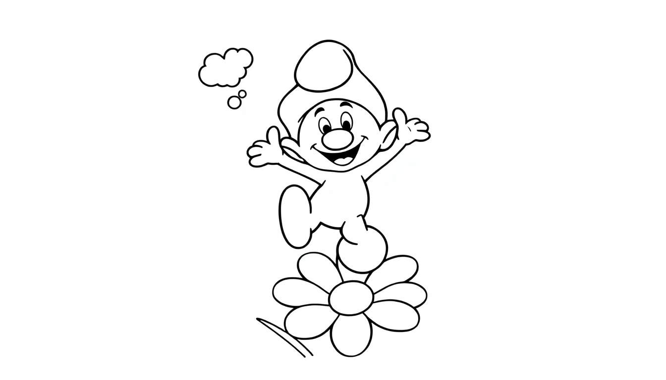 Disegno da colorare di uno Smurf che salta felicemente su un fiore, con nuvole di pensiero sopra la testa.