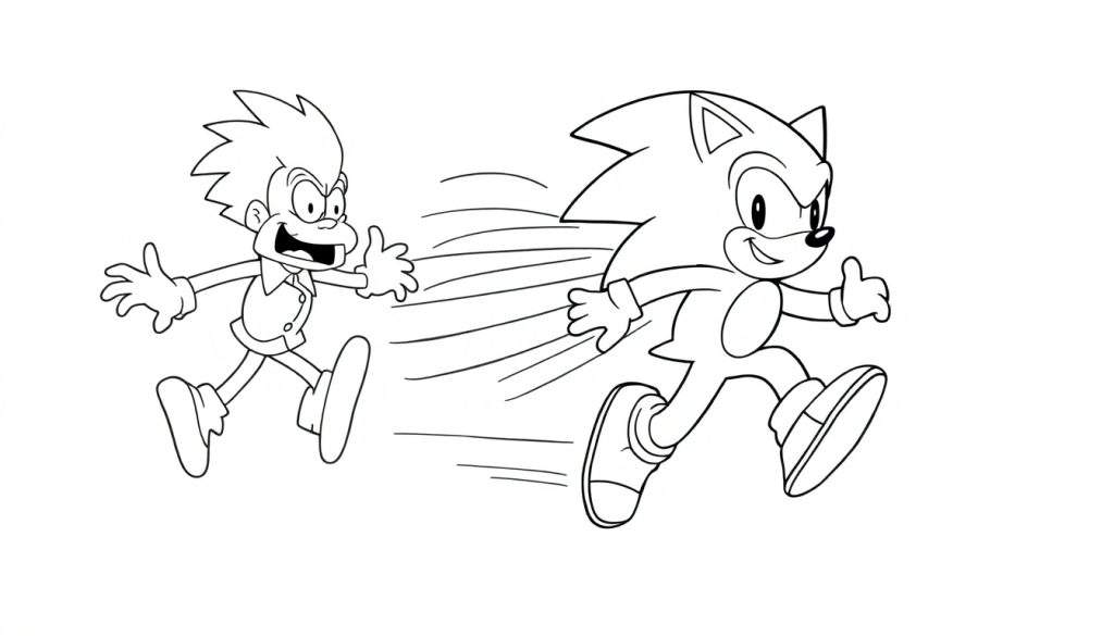 Disegno al tratto per bambini di Sonic the Hedgehog e un personaggio umanoide che corrono veloci, entrambi con espressioni dinamiche e linee di movimento.