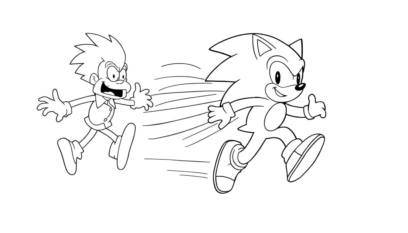 Disegno al tratto per bambini di Sonic the Hedgehog e un personaggio umanoide che corrono veloci, entrambi con espressioni dinamiche e linee di movimento.