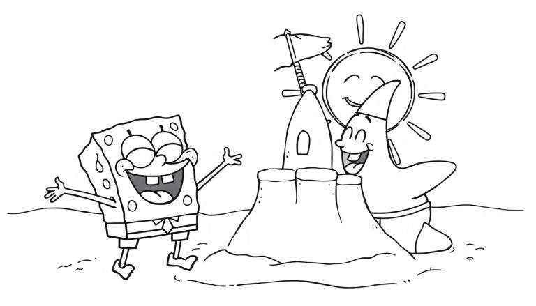 Disegno da colorare di SpongeBob e Patrick che costruiscono un castello di sabbia con un sole sorridente.