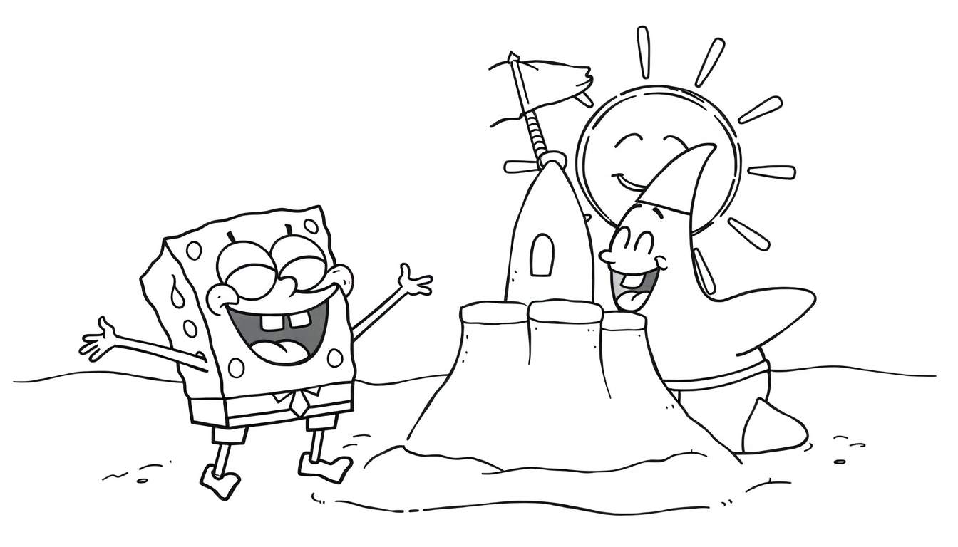 Disegno da colorare di SpongeBob e Patrick che costruiscono un castello di sabbia con un sole sorridente.