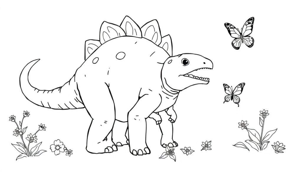 Disegno da colorare di uno Stegosauro stilizzato con placche sulla schiena, bocca leggermente aperta, circondato da piccoli fiori e due farfalle in volo.