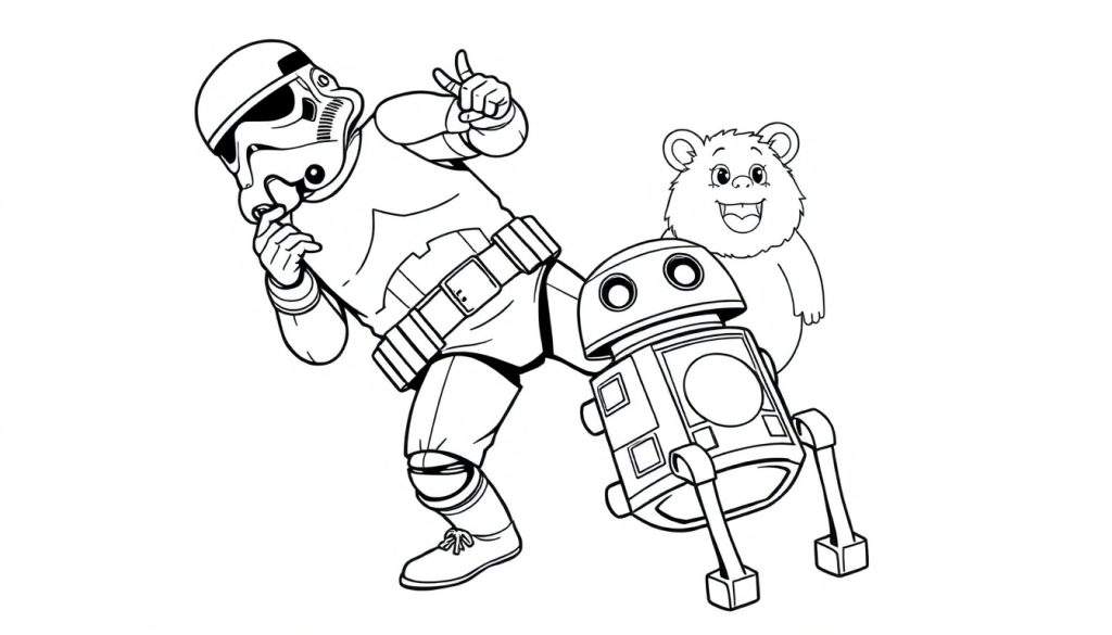 Disegno da colorare di uno Stormtrooper pensieroso con un droide e un personaggio peloso.