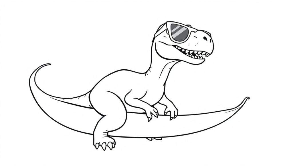 Disegno da colorare di un T-Rex stilizzato con occhiali da sole che sorride mentre cavalca una falce di luna.