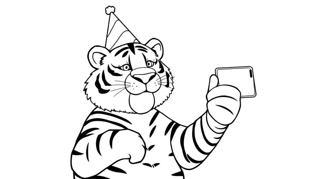 Disegno in bianco e nero di una tigre che fa un selfie con un cappello da festa e uno smartphone.