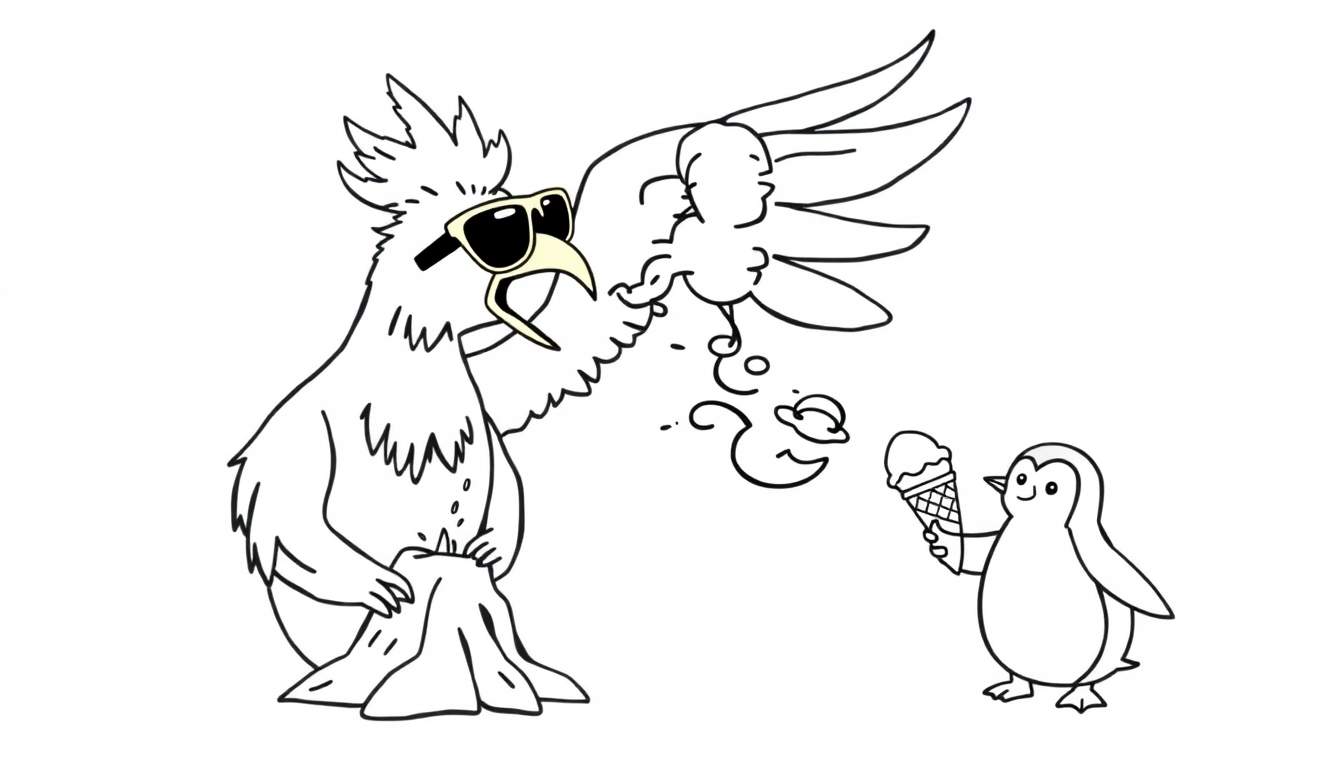 Disegno da colorare di un uccello con occhiali da sole che fa cadere un gelato e un pinguino che ne tiene uno.