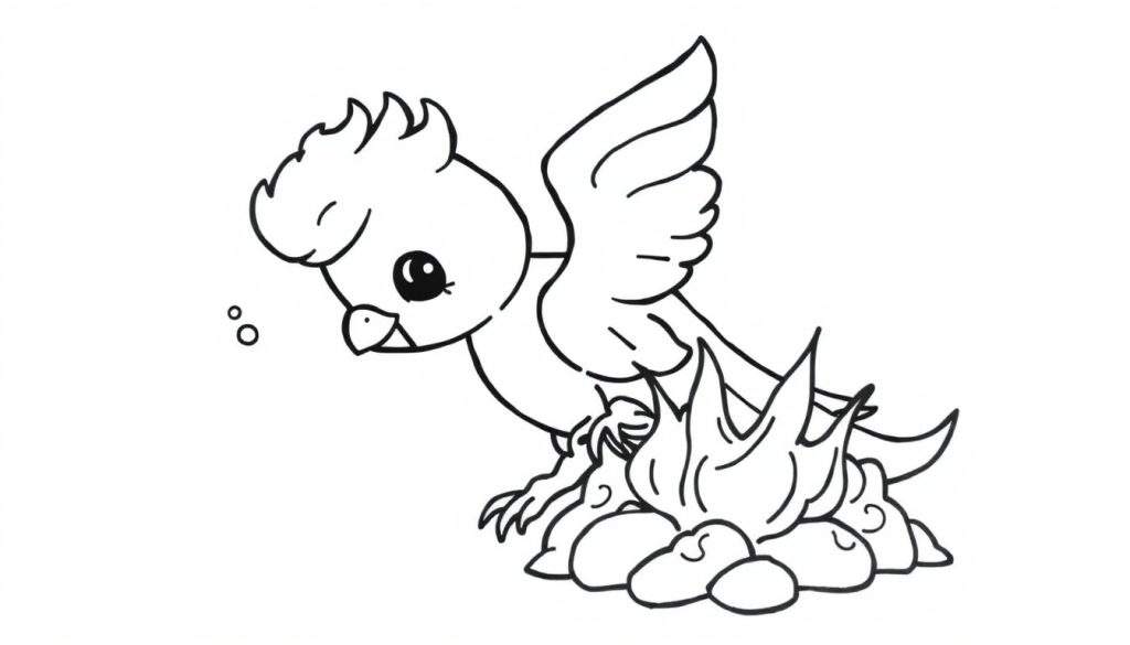 Disegno in bianco e nero di un simpatico uccello stilizzato con grandi occhi neri, un piccolo becco e un ciuffo sulla testa, con le ali spiegate e che guarda verso il basso un piccolo falò o delle fiamme. Due piccole forme circolari sono presenti vicino alla testa dell'uccello. L'immagine è su uno sfondo bianco ed è pensata per essere colorata.