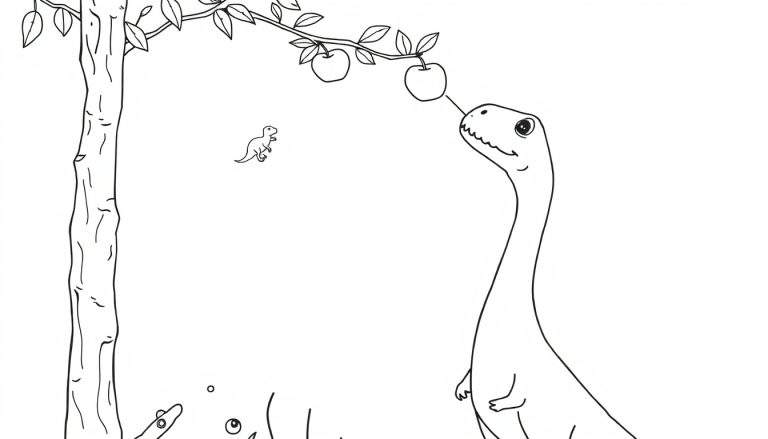 Disegno in bianco e nero di un dinosauro dal collo lungo che cerca di mangiare una mela da un albero, con un altro dinosauro sullo sfondo.