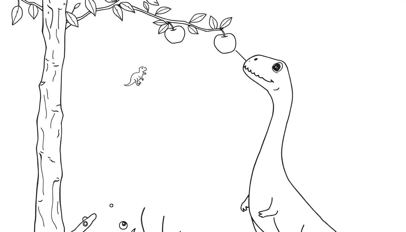 Disegno in bianco e nero di un dinosauro dal collo lungo che cerca di mangiare una mela da un albero, con un altro dinosauro sullo sfondo.