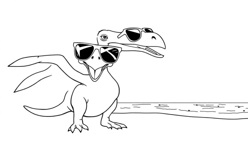 Disegno al tratto di un dinosauro sorridente con occhiali da sole, seduto su un tronco.