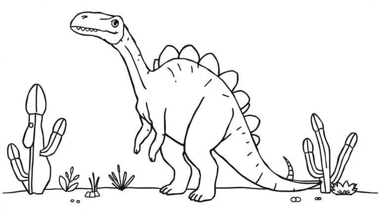 Disegno da colorare di un dinosauro con placche, in piedi in un deserto con cactus.