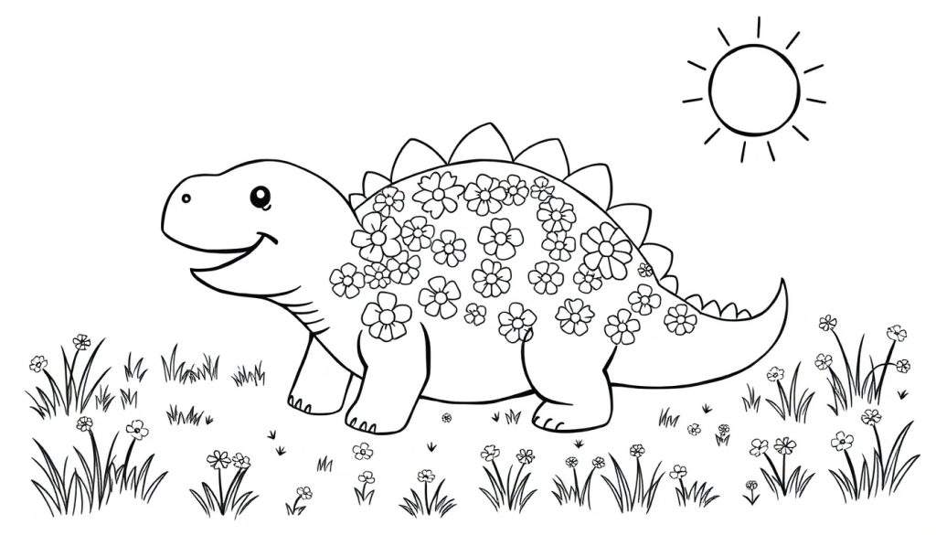 Disegno a fumetti di un dinosauro sorridente con motivi floreali sul corpo, che cammina in un prato fiorito con un sole stilizzato in alto a destra. Immagine in bianco e nero per colorare.