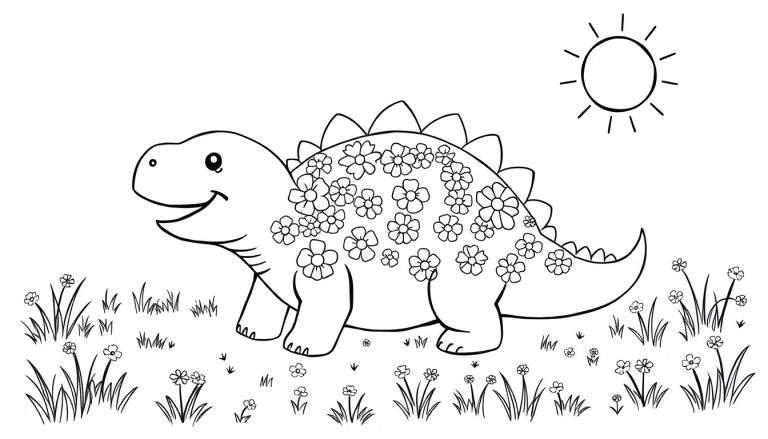 Disegno a fumetti di un dinosauro sorridente con motivi floreali sul corpo, che cammina in un prato fiorito con un sole stilizzato in alto a destra. Immagine in bianco e nero per colorare.