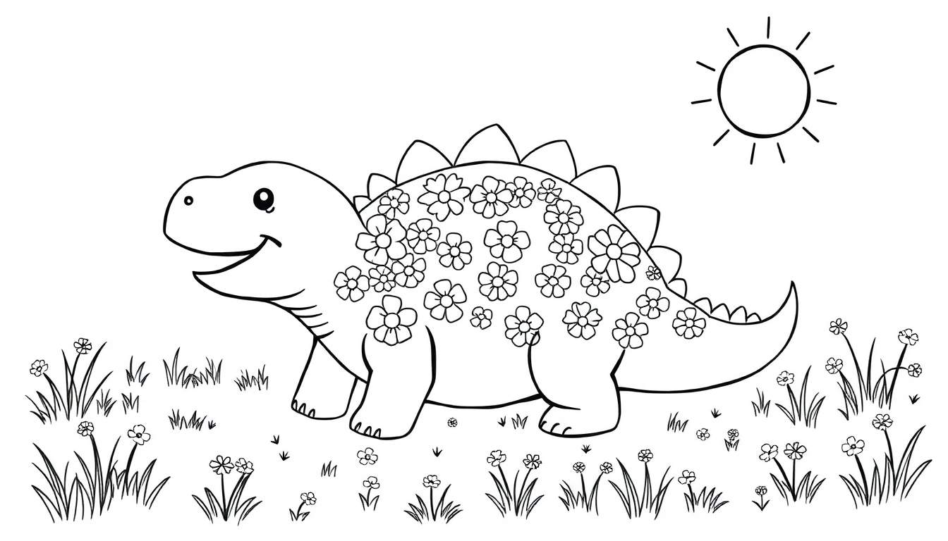 Disegno a fumetti di un dinosauro sorridente con motivi floreali sul corpo, che cammina in un prato fiorito con un sole stilizzato in alto a destra. Immagine in bianco e nero per colorare.