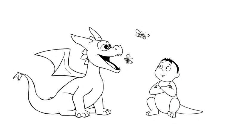 Disegno da colorare di un drago amichevole e un bambino che osservano farfalle.
