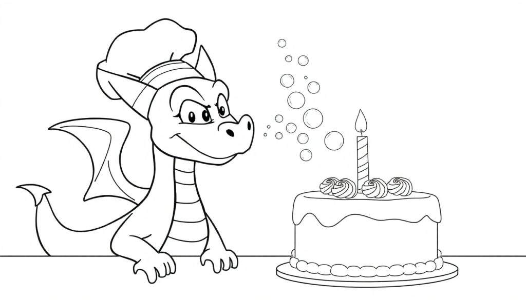 Disegno da colorare di un drago con cappello da cuoco che soffia bolle su una torta di compleanno.