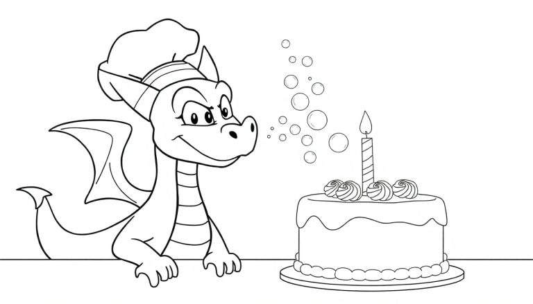 Disegno da colorare di un drago con cappello da cuoco che soffia bolle su una torta di compleanno.