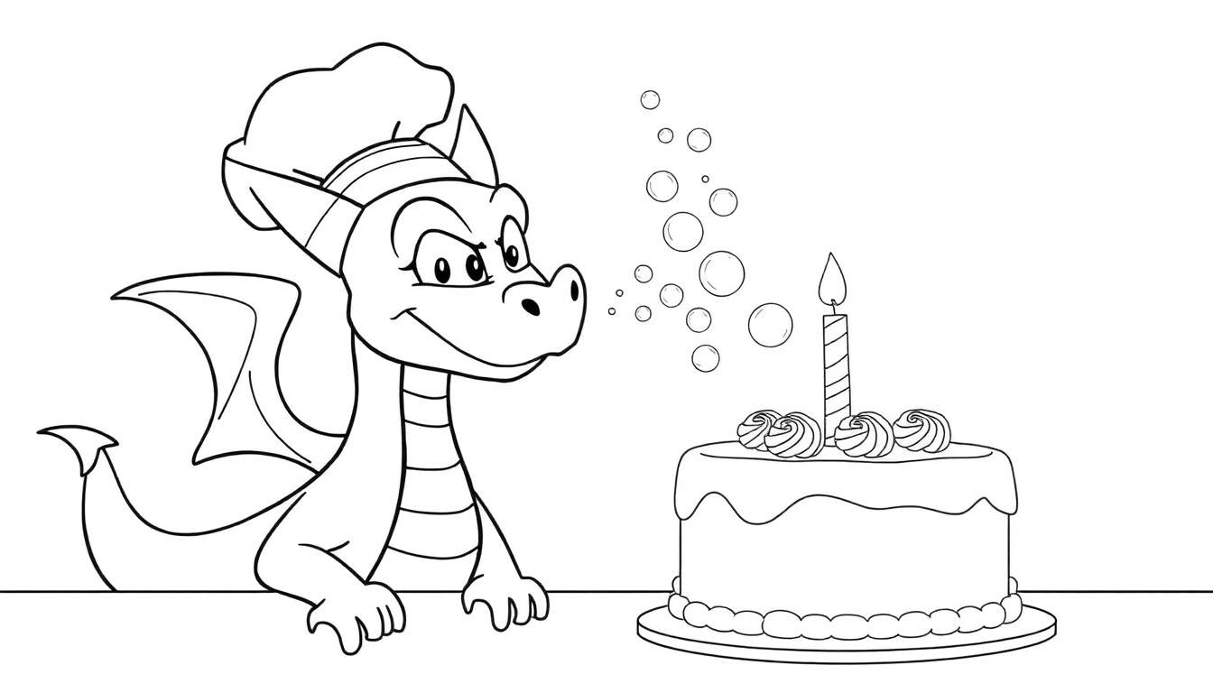 Disegno da colorare di un drago con cappello da cuoco che soffia bolle su una torta di compleanno.