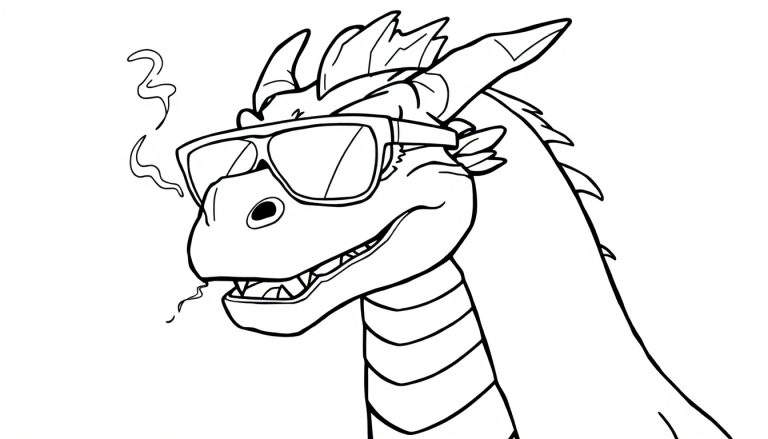 Disegno in bianco e nero di un drago con occhiali da sole alla moda, fumando con stile e mostrando denti aguzzi.