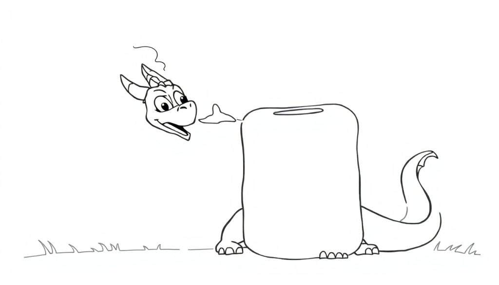 Disegno a linea di un drago con espressione sorpresa che sporge da un barile, con una nuvoletta di fumo e erba alla base.