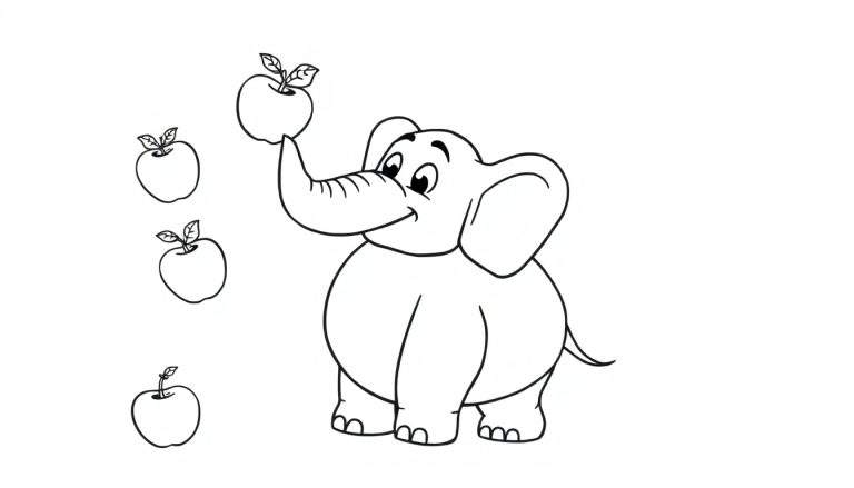 Disegno a linea nera di un elefante che tiene una mela con la proboscide, con altre tre mele sul lato sinistro, pronto per essere colorato.
